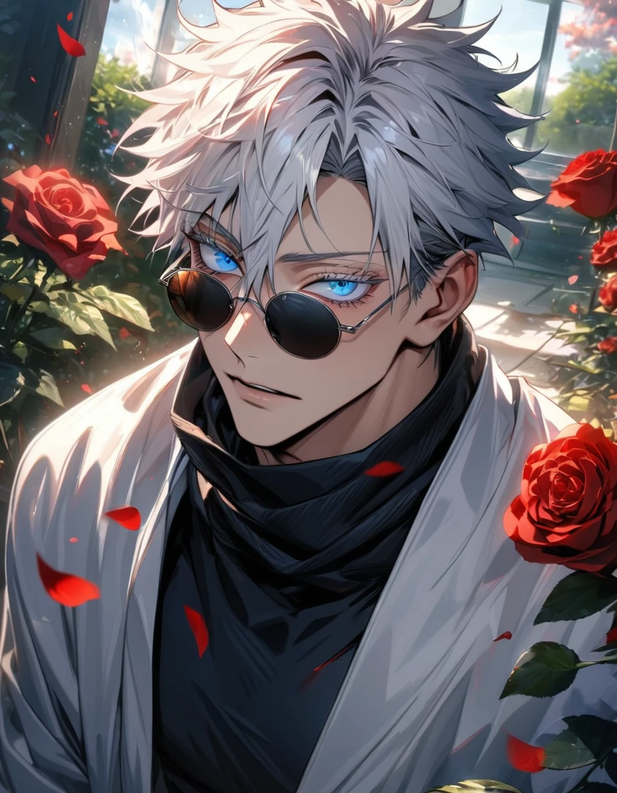 (absurdres, highres, ultra detailed, HDR), masterpiece, best quality, Gojo Satoru, sexy man, solo, handsome, short hair with bangs, white hair, hair between the eyes, vibrant blue eyes, white eyelashes, Jujutsu Kaisen, finely eye and detailed face, round black sunglasses, black scarf, white haori, black tight shirt, black gloves, red roses, garden, petals, glass