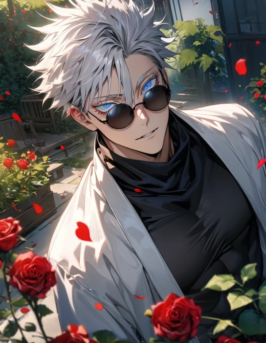 (absurdres, highres, ultra detailed, HDR), masterpiece, best quality, Gojo Satoru, sexy man, solo, handsome, short hair with bangs, white hair, hair between the eyes, vibrant blue eyes, white eyelashes, Jujutsu Kaisen, finely eye and detailed face, round black sunglasses, black scarf, white haori, black tight shirt, black gloves, red roses, garden, petals, glass