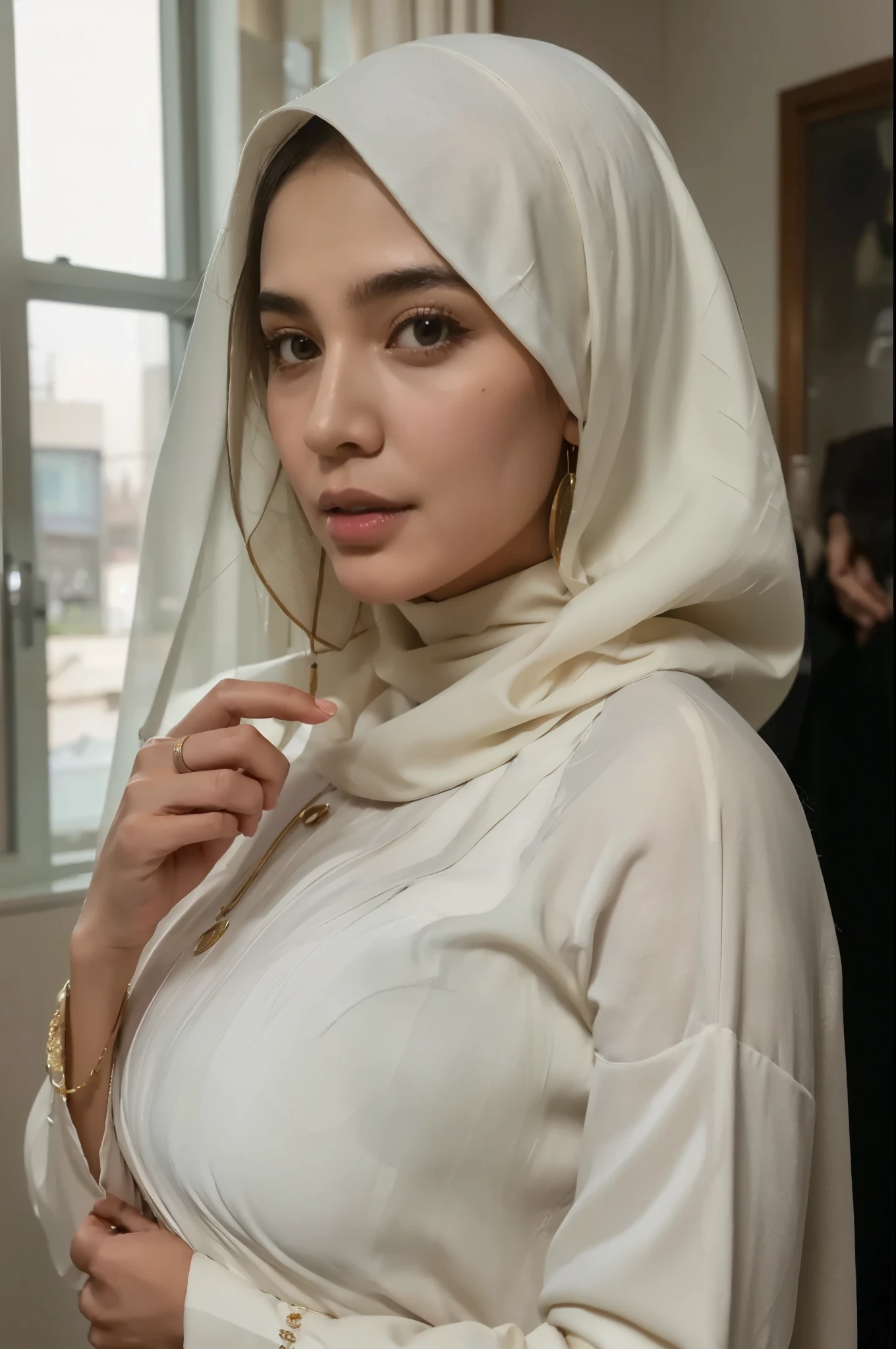 50 years Old, Hijab Indonesian mature woman, Big Tits : 66.9, Gamis, Breast out from her clothes : 1.9, at doctor office, Dark light, at Nighttime