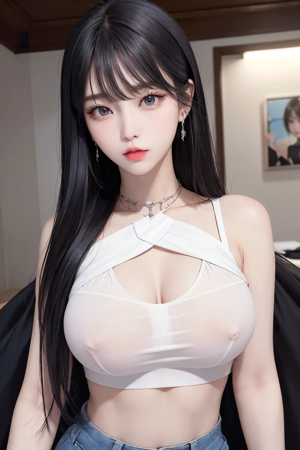 Top image quality、Raw photography、A high resolution、20-year-old cool Korean、big round chest、Beautiful Eyes of Details、very elongated eyes、Beautiful eyelashes、Beautiful double eyelids、eyeshadows、耳 Ring, wearing super tight boxers,  crop top