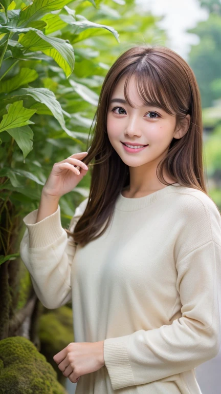 Brown Hair,Medium Hair,20-year-old female, Small nose, With the correct face, Cute natural smile, Japanese facial features, A clean and cute face, Cute realistic portrait, Asian Face, 8K Photo, Soft Makeup,Natural skin texture,Raw photo,highest quality,Full Body Shot,Aquarium