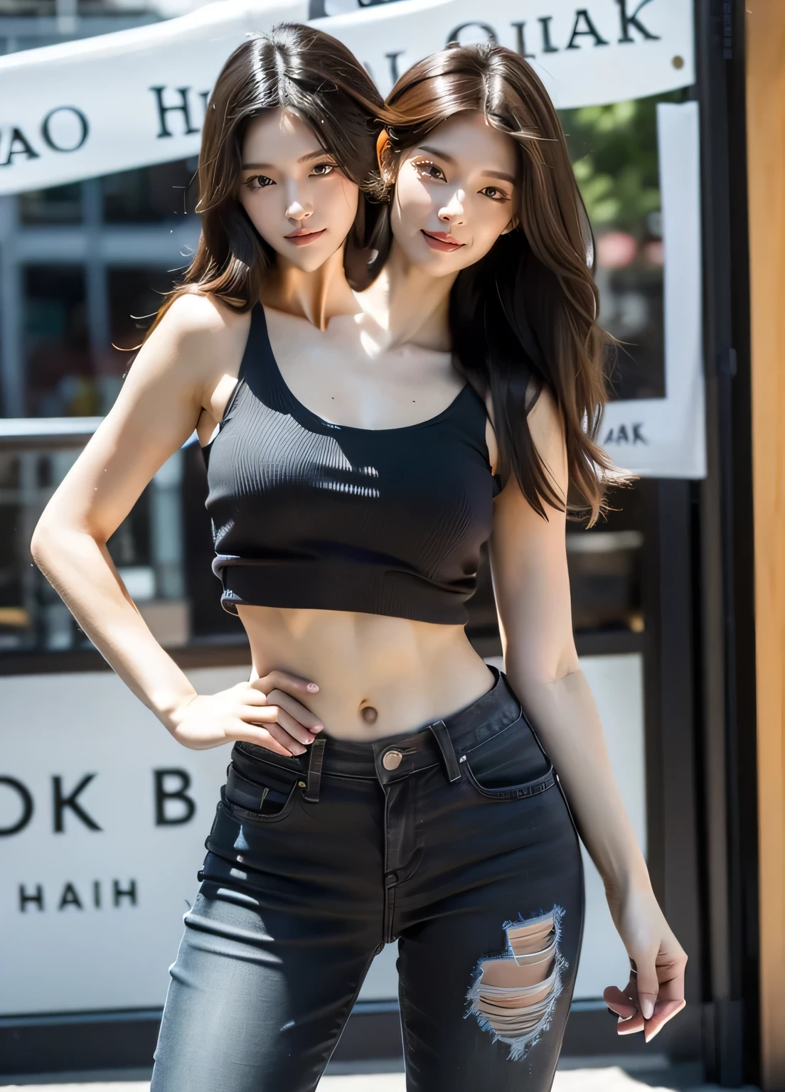 (masterpiece),(ultra-detailed), (high quality), (high resolution), (best quality:1.5, highres, UHD), highres, absurdo, ultra detail, ultra quality, Ultra resolution, 16k, 1girl, (2heads:1.5), girl with two heads, ((brown hair:1.5)), ((pitch black hair:1.5)), ((different hair colors:1.5)), seductive grin, (purple tattered denim jeans), casual dress, sexy proportions, (exposed midriff), thighs, Beautiful girl with accentuated slender abs, ((seductive posture)), black tank top, ((different hairstyles)), different haircuts, (long hair), ice blue eyes,