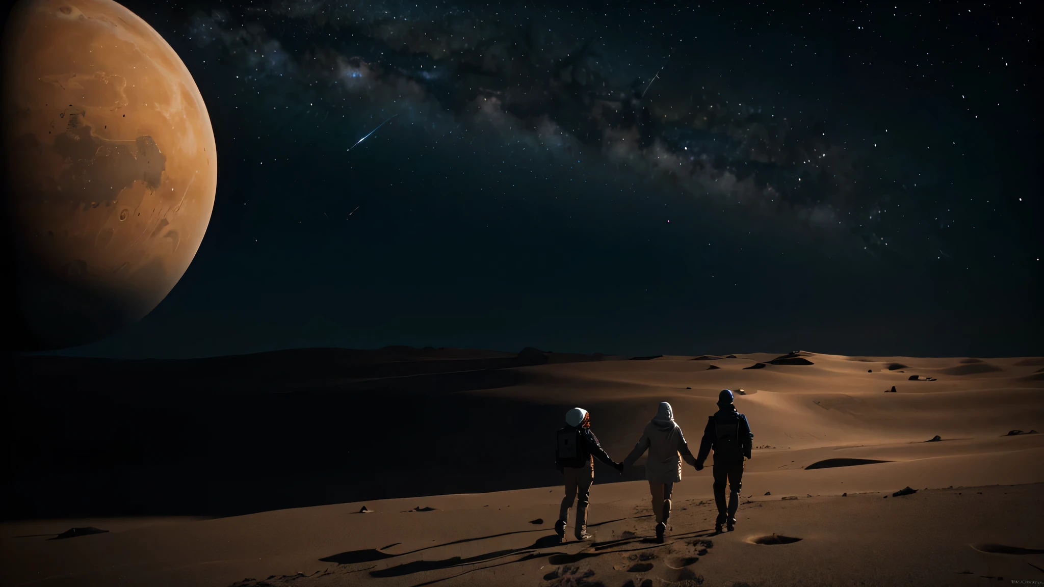Two people walking hand in hand at the end of the universe with Mars, Saturn and other stars in the background,8k,UHD,HDR