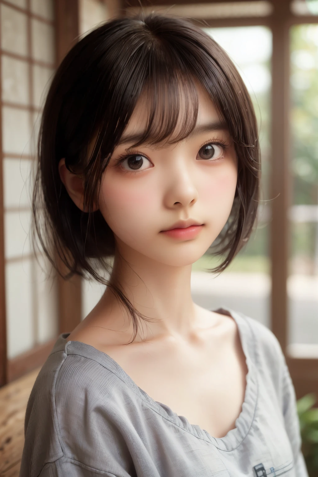 ((sfw: 1.4)), ((sfw, extra short hair, sidelocks-hair, 1 Girl)), Ultra High Resolution, (Realistic: 1.4), RAW Photo, Best Quality, (Photorealistic Stick), Focus, Soft Light, (()), ((Japanese)), (( (young face))), (surface), (depth of field), masterpiece, (realistic), woman, bangs, ((1 girl))