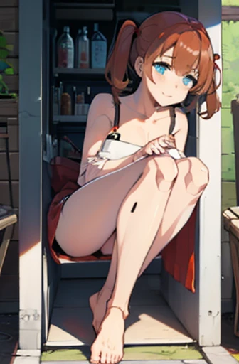 A Female robot is sleeping in a fridge, spread legs, nude, banzai pose. she wears no dress. She Brown short hair is tied with two big red clothespins, She lifts up the under hem of her white plain dress, leaning over, masterpiece, very short pigtails,brown hair, mature, android, blue eyes, full body figure, Height: 160cm, flushed cheeks, 2020s anime picture, A beautiful robot with short brown hair in two short pigtails held up by two very large huge red clothespins, Uplifting, No NSFW, whole body, barefoot, archaic smile, getting orgasm, 25 years old, sweat bucket. robot skin. Her vagina is inserted.