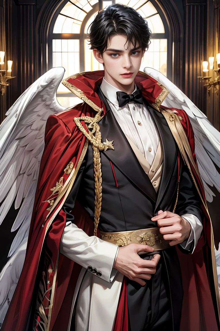 masterpiece, 最high quality, high quality, 1 boy, alone, Male focus, Watching the audience, Messy black hair, Adorable big blue eyes, White, Noble, Noble, Beautiful angel、Tuxedo、A tall stand-up collar, very big, very big, very big, long, long, reaching down to the floor, a long, long red and black cape made with a lot of fabric, ,Cute beautiful boys,Cute, cute, kind, handsome guy