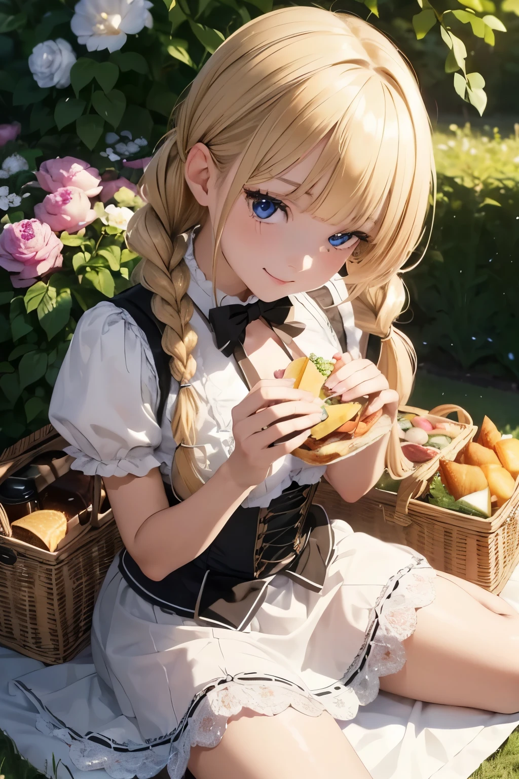 (8K, best quality, master piece: 1.2), super high resolution,16yo,ultra-detailed face,detailed eyes,Long eyelashes,smile,blonde hair,looking up,twin braids,blunt bangs,corset dress,picnic,Picnic sheet,sandwich,wariza,barefoot,,Rim Light,garden
