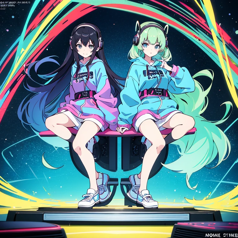 two anime girls in headphones are playing music on a turntable, anime vibes, anime style 4 k, ig studios anime style, nightcore, 8 0 s anime vibe, anime girls, anime style. 8k, lofi artstyle, dj sura, anime moe artstyle, anime style illustration, trending on cgstation, anime style artwork, e - girl