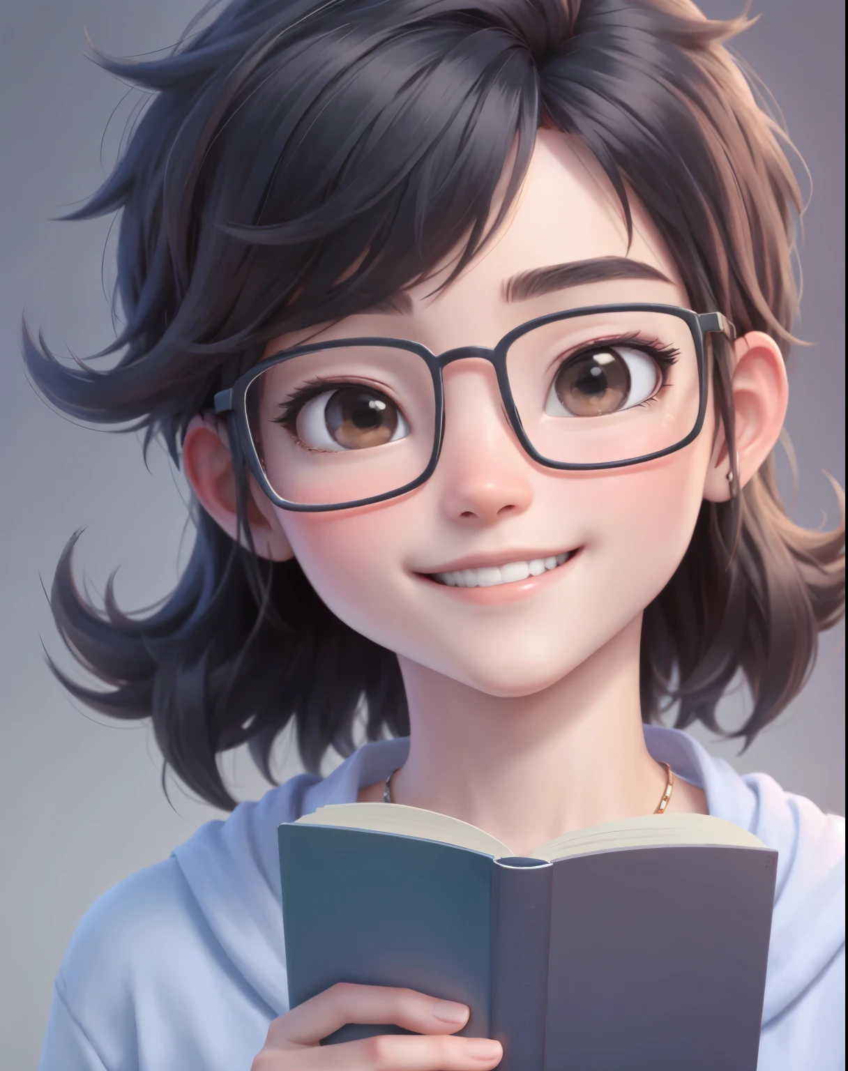 bestquality, 1 person read the book, bara, Cartoon Image , simple background, I'm second to blog.., Wear glasses,Smiling joyfully