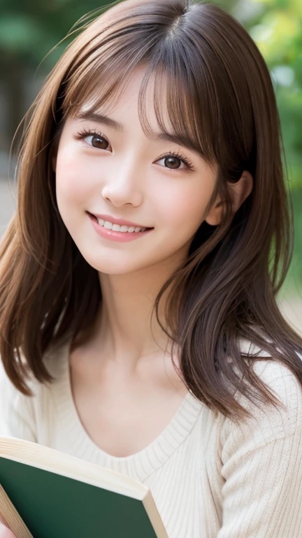 Brown Hair,Medium Hair,20-year-old female, Small nose, With the correct face, Cute natural smile, Japanese facial features, A clean and cute face, Cute realistic portrait, Asian Face, 8K Photo, Soft Makeup,Natural skin texture,Raw photo,highest quality,Full Body Shot,Reading a book