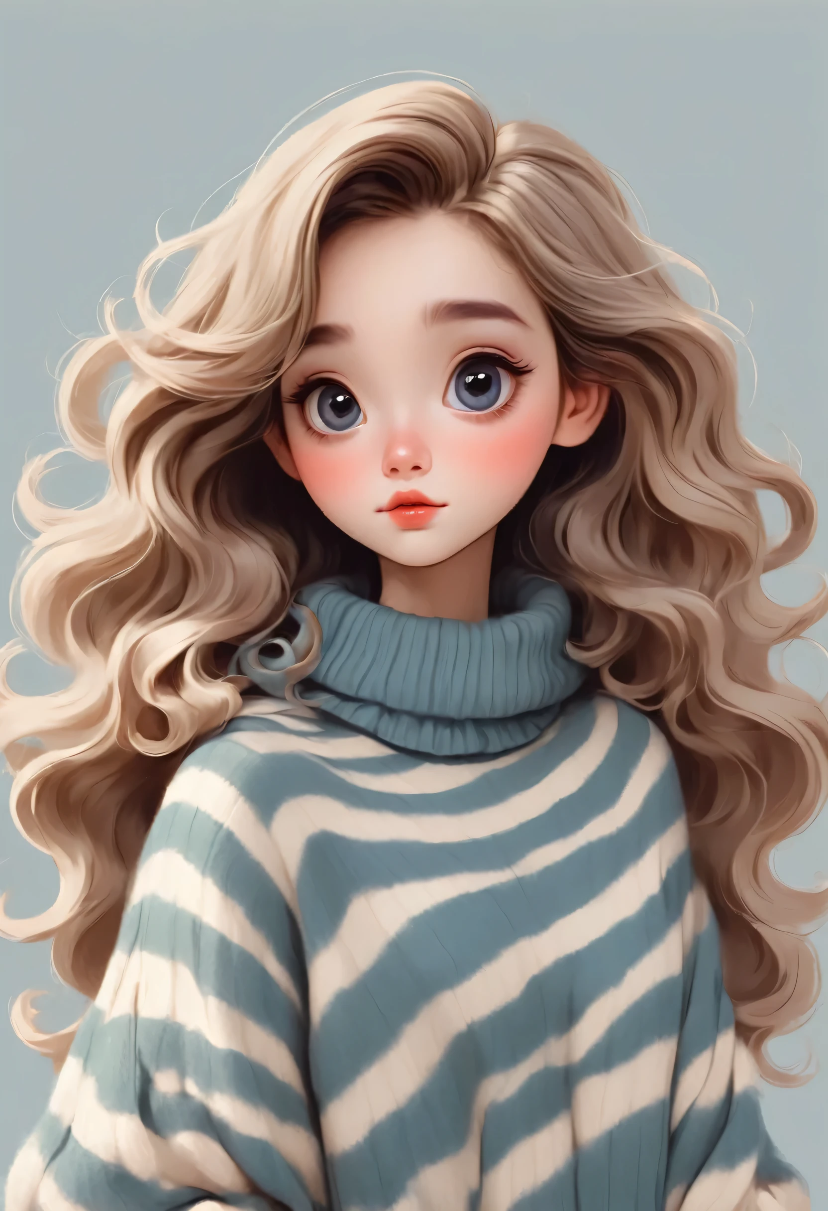 (Masterpiece, best quality: 1.2), 1 Girl, Unique, charming girl with big eyes, wearing a loose striped sweater, hair styled into loose waves, draped over the shoulders, soft color tones, Disney style, cartoon character design, using simple lines, as a flat illustration, solid color background.