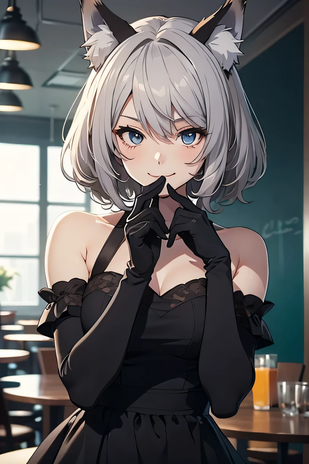 Tabletop Best image quality wonderful Attention to detail One Young Woman((Adult))Anime Style Black Dress(No sleeve) black long gloves(Elbow Gloves) Black Pantyhose(Plain) wolf ears short hair((Shortcuts)(Gray Hair)(Curly Hair)(fluffy)) smile(Red cheeks) Eye color is blue background(Cafe)