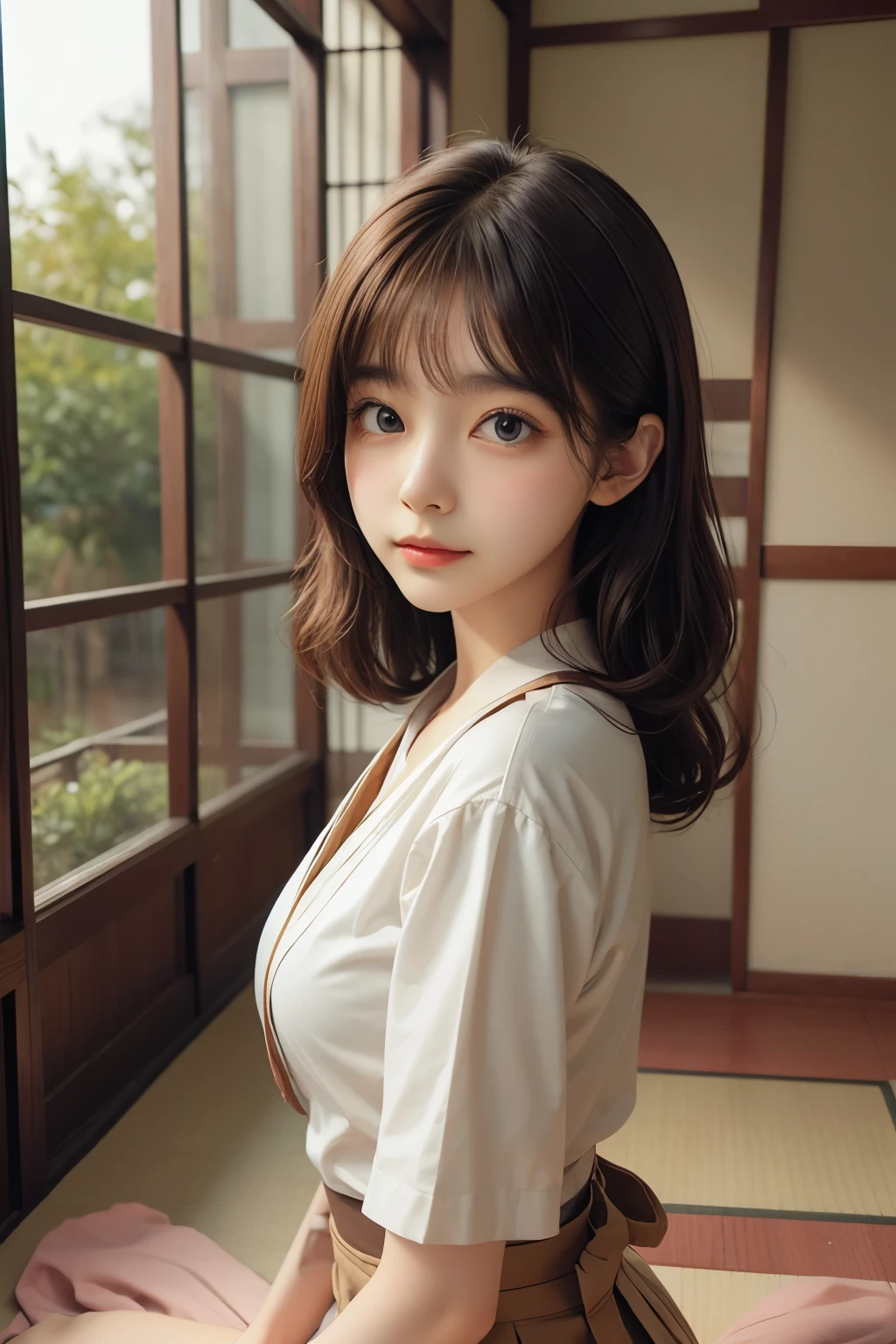 detailed face, cute face,brown eye, master piece , best quality , (matured female) , japanese , (seiza) , blouse , skirt