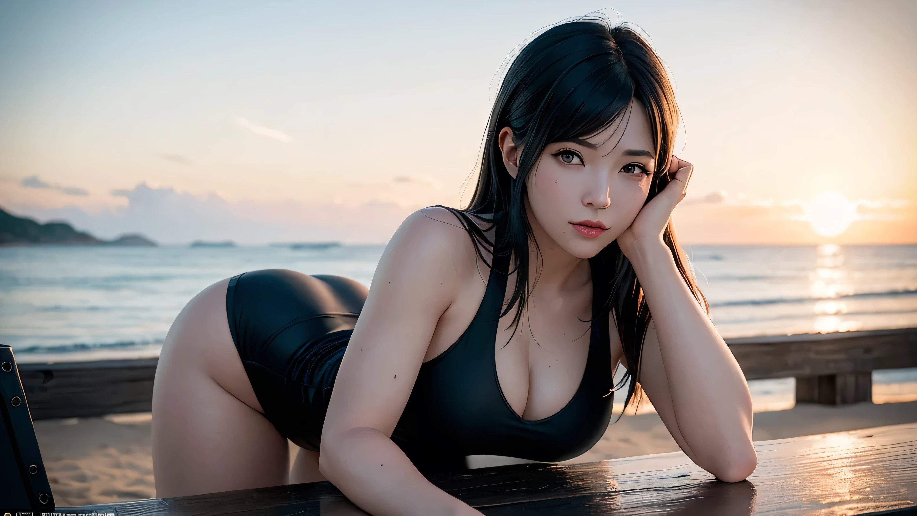 ((High quality: 1.2), (professional: 1.1), Tifa Lockhart from Final Fantasy 7 Remake, beach setting, captured with Sony FE 200-600mm f/2.8-4.5 lens, hyper-realistic: 1.37, ultra-detailed: 1.0, dynamic pose: 1.2, iconic appearance: 1.1, personality: 1.0, serene environment: 1.1, cinematic feel: 1.1, shallow depth of field: 1.2, immersive: 1.1, lifelike: 1.