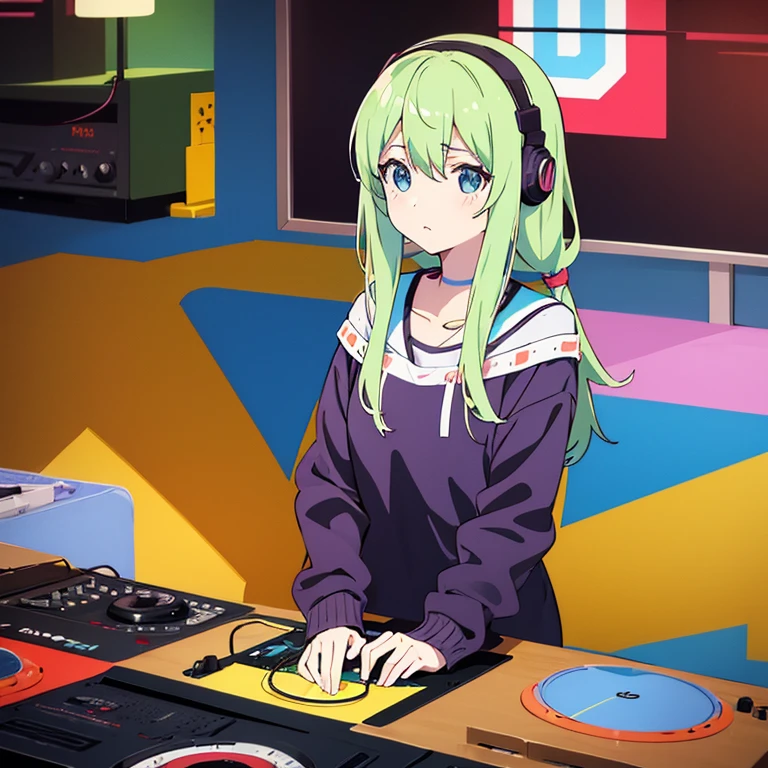 five anime girls in headphones are playing music on a turntable, anime vibes, anime style 4 k, ig studios anime style, nightcore, 8 0 s anime vibe, anime girls, anime style. 8k, lofi artstyle, dj sura, anime moe artstyle, anime style illustration, trending on cgstation, anime style artwork, e - girl