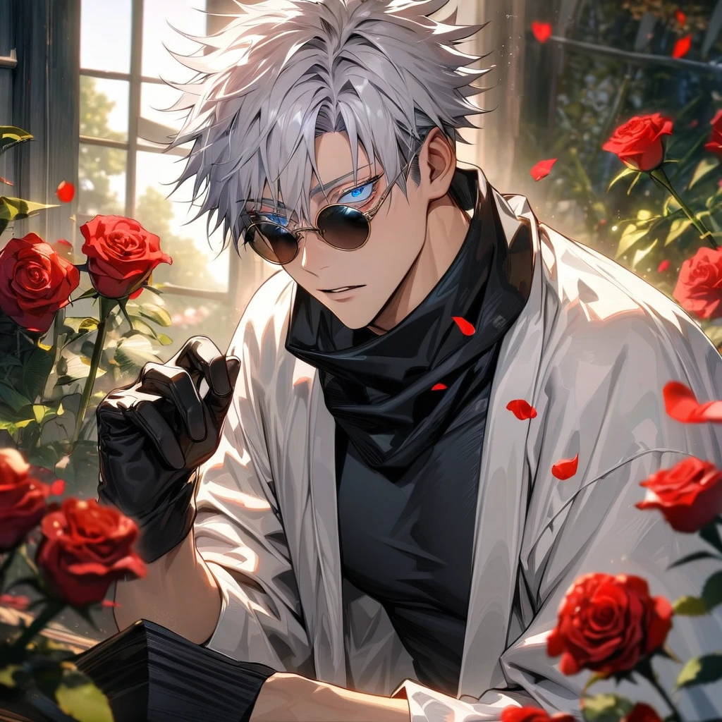 (absurdres, highres, ultra detailed, HDR), masterpiece, best quality, Gojo Satoru, sexy man, solo, handsome, short hair with bangs, white hair, hair between the eyes, vibrant blue eyes, white eyelashes, Jujutsu Kaisen, finely eye and detailed face, round black sunglasses, black scarf, white haori, black tight shirt, black gloves, red roses, garden, petals, glass