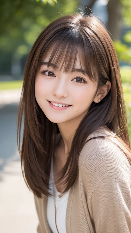 Brown Hair,Medium Hair,20-year-old female, Small nose, With the correct face, Cute natural smile, Japanese facial features, A clean and cute face, Cute realistic portrait, Asian Face, 8K Photo, Soft Makeup,Natural skin texture,Raw photo,highest quality,Full Body Shot,library