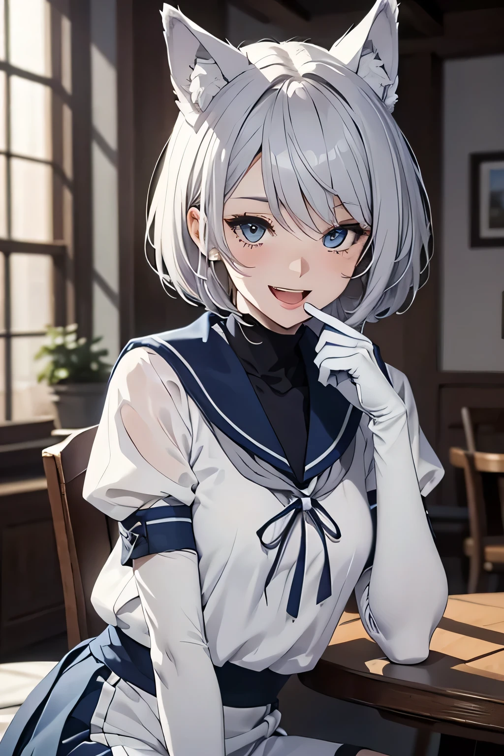 Tabletop　high resolution　Best image quality　8k　 Adult female　Portraiture　White long gloves（Elbow Gloves）　White Pantyhose　Sailor suit（No sleeve）　Navy blue mini skirt　　White wolf ears　short hair（（Shortcuts）（Gray Hair）（Perm）（fluffy））　Eye color is blue　Fascinating face（（Laughter）（smile）（Open your mouth））　