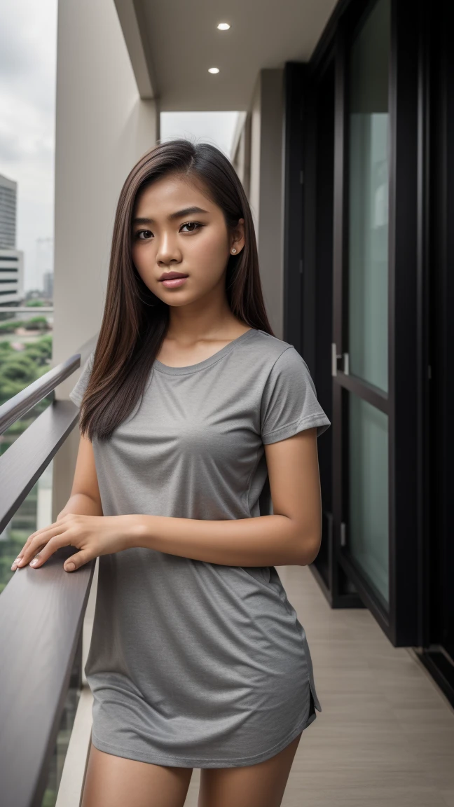 Picture taken with Sony A7RIV, realistic, 8K, Hi-Res picture, masterpiece, perfect facing viewer shoot, detailed complicated background, Gorgeous twenty years old Indonesian girl, natural body, grey oversize t-shirt, stand, apartment balcony in Jakarta 