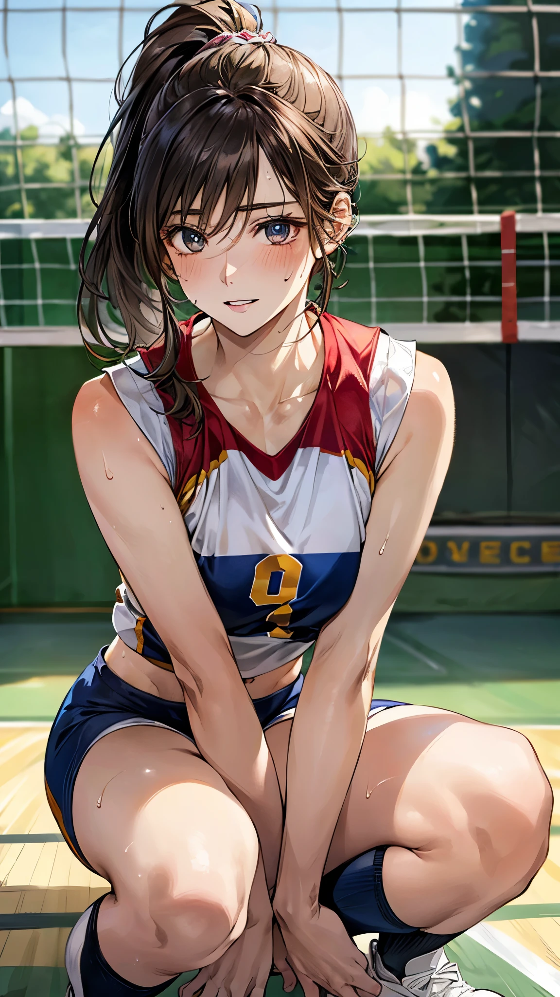 (depicting a single moment from anime for adults), (((volleyball-wear, sweat), round face, eyes with realistic sizing, drooping eyes, blush, shame smile, spread legs slightly)), self pleasure, ecstasy, around view, short hair))),