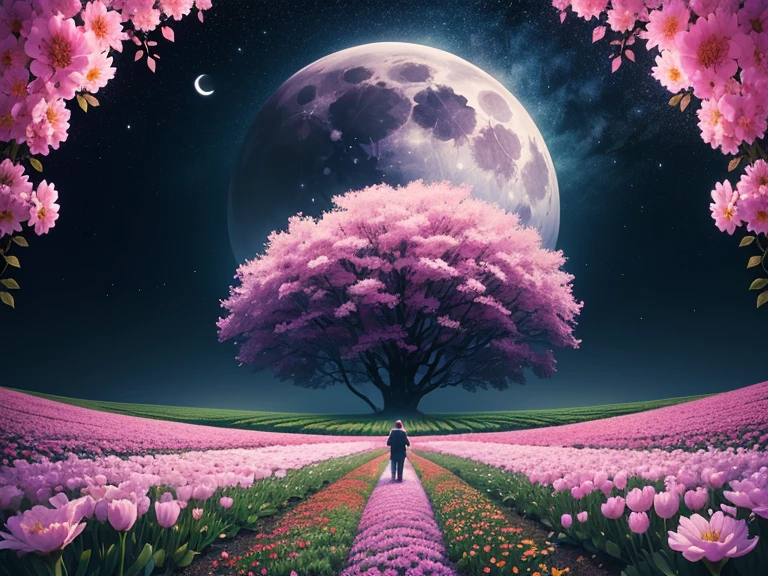  Flower Field/Flower Field/Flower Field、Shibazakura、Big full moon、Night Sky、Pink flowers.(highest quality,4K,8k,High resolution,masterpiece:1.2),Very detailed,(Actual,photoActual,photo-Actual:1.37),Sea of Flowers