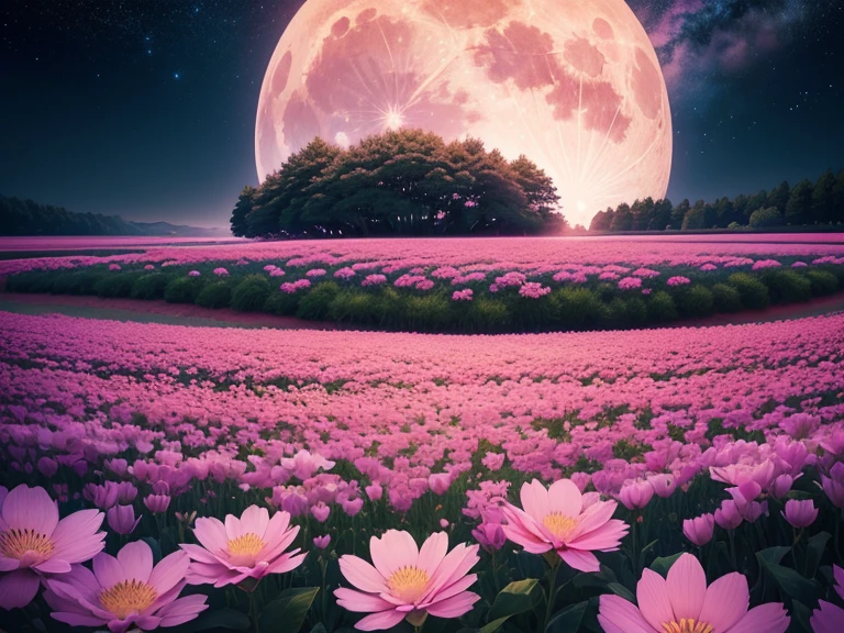 Flower Field/Flower Field/Flower Field、Shibazakura、Big full moon、Night Sky、Pink flowers.(highest quality,4K,8k,High resolution,masterpiece:1.2),Very detailed,(Actual,photoActual,photo-Actual:1.37),Sea of Flowers