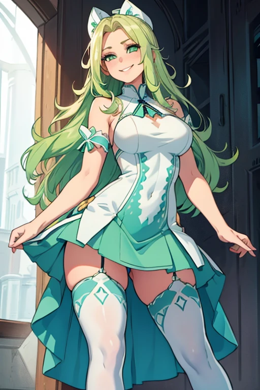 female, blonde flowing hair with green highlights, green eyes, (((1girl))), (((light blue minidress with white trim))), (green skirt), (white thigh high socks), (black boots), cute and sexy, full body, large breasts, large butt, long legs, smiling
