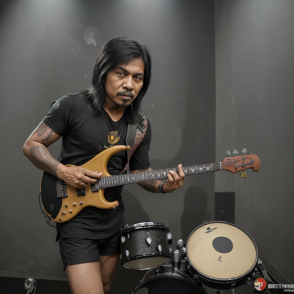 laki laki , berwajah indonesia , berpakaian rock n roll , bertatto , sedang bermain drum , dengan wajah serius