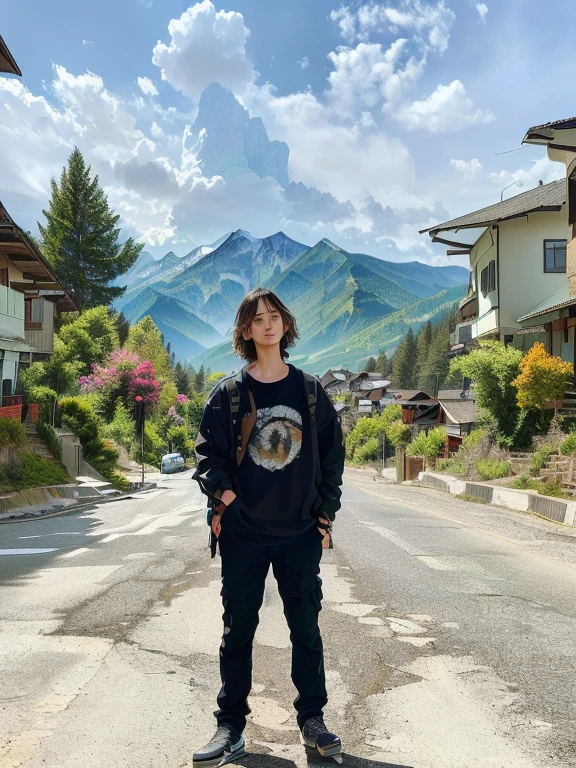 there is a man standing on a skateboard in the middle of a road, with mountains in the background, moutain in background, with mountains in background, standing in front of a mountain, hills in the background, mountain in the background, mountains in the background, in mountains, with mountains as background, in front of a forest background, with village, mountain in background