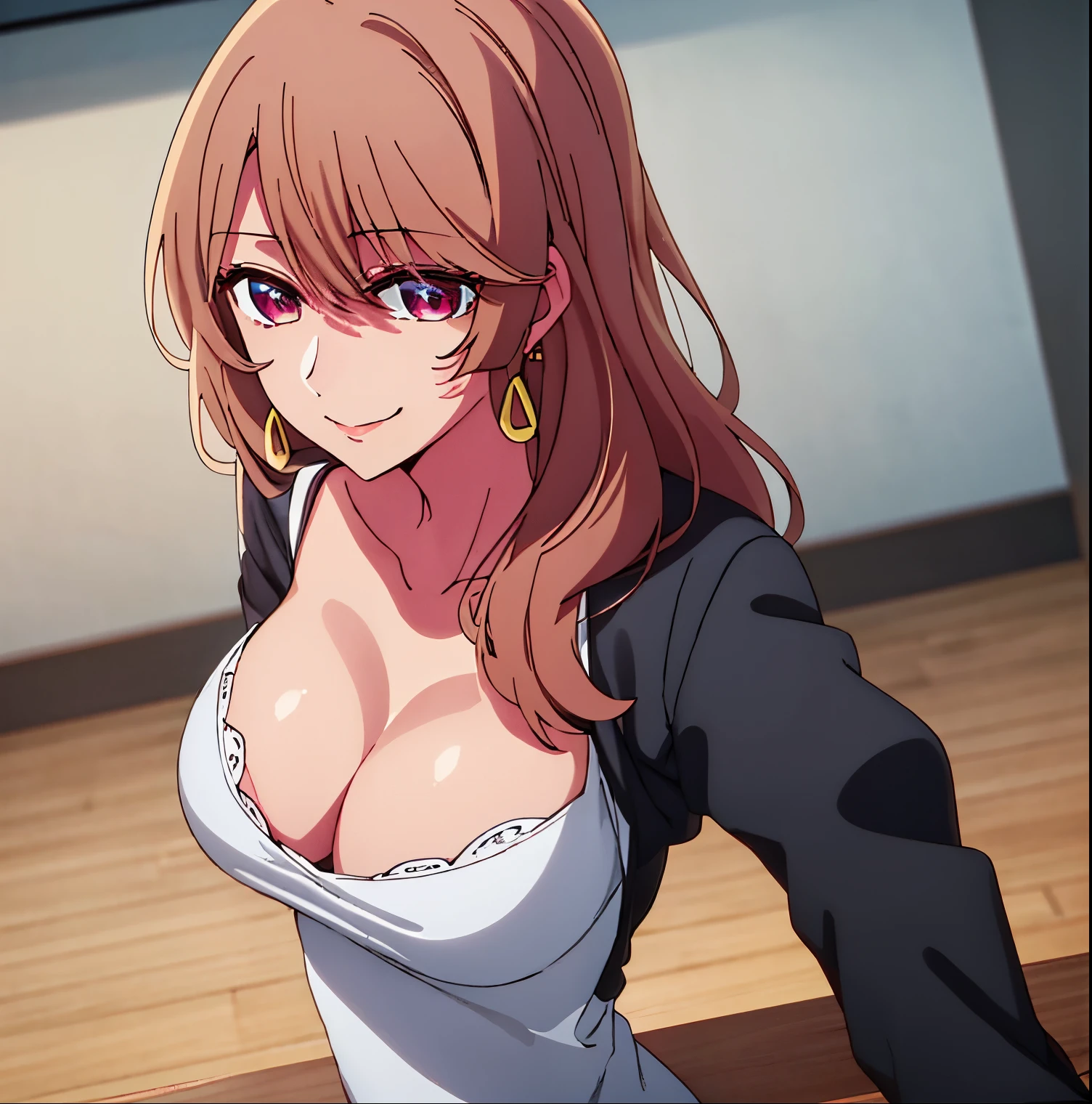 1 girl, alone, Miyako saitou, long, earrings, jewelry, sadomasochism suit, black tight suit, blush, slight smile, closed mouth, cleavage, full body, jewelry, collarbone, earrings, open clothing, pink eyes, light brown hair, eyebrows visible through hair, bangs of 1 girl, 20 years old, young woman, beautiful finger, beautiful long legs, beautiful body, beautiful nose, beautiful designer characters, perfect eyes, perfect face, expressive eyes, perfect balance, looking at the viewer, point of view (from above), (innocent_big_eyes:1.0), Light_Smile, official art Extremely detailed CG Unity 8k wallpaper, perfect lighting, colorful, bright_front_lighting, glowing skin, smile, (masterpiece: 1.0), (best_quality : 1.0), ultra-high resolution, 4K, ultra-detailed, 8K, HDR, high resolution, nonsense: 1.2, Kodak portra 400, film grain, background blur, bokeh:1.2, lens flare, (vibrant_color:1.2), professional photography, (Beautiful_big_breasts:1.4), (beautiful_face:1.5), (narrow_waist), perfect hands, perfect anatomy