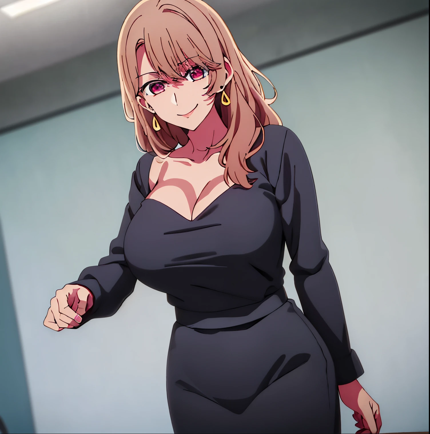 1 girl, alone, Miyako saitou, long, earrings, jewelry, sadomasochism suit, black tight suit, blush, slight smile, closed mouth, cleavage, full body, jewelry, collarbone, earrings, open clothing, pink eyes, light brown hair, eyebrows visible through hair, bangs of 1 girl, 20 years old, young woman, beautiful finger, beautiful long legs, beautiful body, beautiful nose, beautiful designer characters, perfect eyes, perfect face, expressive eyes, perfect balance, looking at the viewer, point of view (from above), (innocent_big_eyes:1.0), Light_Smile, official art Extremely detailed CG Unity 8k wallpaper, perfect lighting, colorful, bright_front_lighting, glowing skin, smile, (masterpiece: 1.0), (best_quality : 1.0), ultra-high resolution, 4K, ultra-detailed, 8K, HDR, high resolution, nonsense: 1.2, Kodak portra 400, film grain, background blur, bokeh:1.2, lens flare, (vibrant_color:1.2), professional photography, (Beautiful_big_breasts:1.4), (beautiful_face:1.5), (narrow_waist), perfect hands, perfect anatomy