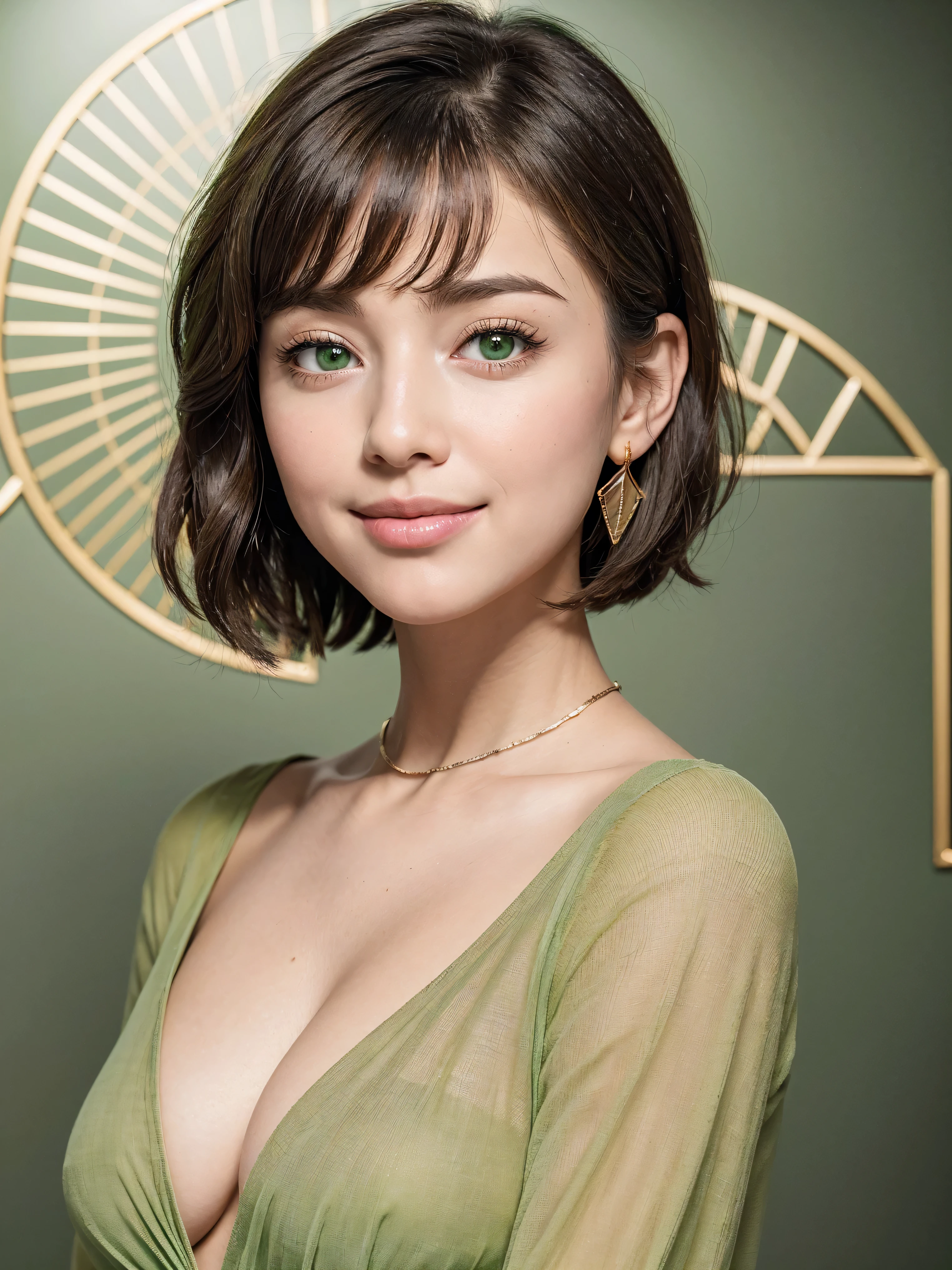 (Masterpiece, highest quality),1 girl, alone,Beautiful and cute beauty, Very realistic, Realistic, Watch your audience closely, Light brown eyes, Highly detailed shiny brunette short bob hair:1.8、Bob Hair:1.8、Beautiful white skin, Spring Clothes, lips, Beautiful Bangs:1.5, Mouth closed, Upper Body、Big eyes、eyelash、((Beautiful face in symmetry、Beautiful face with golden ratio、Very simple green color background:1.8))、(((Short hair with cute bangs:1.8、Big eyes、big and full chest、Looking at the audience、Ideal beauty、Show me your ears、beautiful long neck、smile、please close your mouth and smile)))、Ideal body type、{Huge|big|Huge|Mega} chest:2, Chest cleavage:2、Mouth closed幸せなsmile、