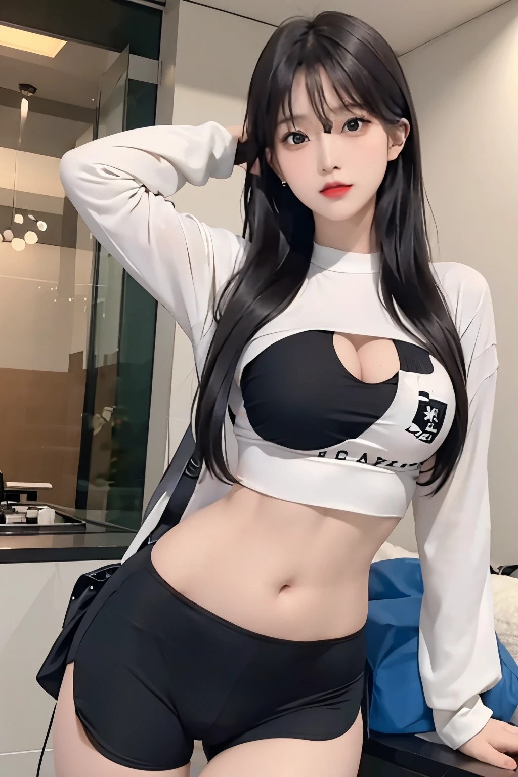 photorealistic, high resolution, 1 girl, white long hair, korean, beauty eyes, print sexy shirt, print sexy skimpy tight black boxer, thick thighs,crop top sexy, big breasts, see-though