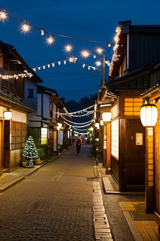 Edo period Japan, a town at night, Christmas lights shining.