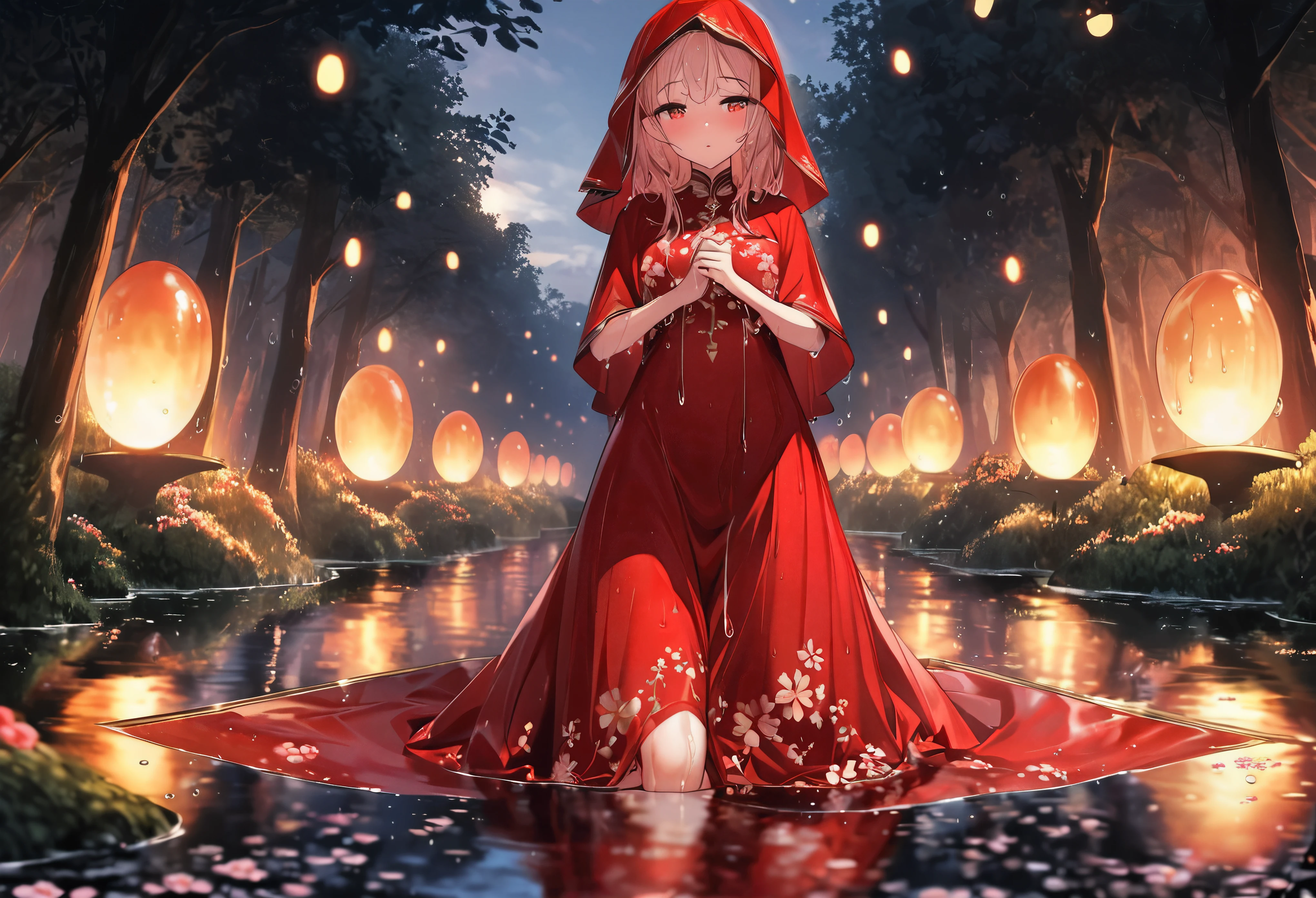 (Dramatic angle), (very young little girl was dressed in a (very large red dress) and phoenix red veil, with a red veil over her head, she have a beautiful appearance, her slender and beautiful figure), (wet, wet body, wet hair, wet skin, very wet dress, reflection on the wet dress, delicate blossom embroidery, subtle water droplets:1.15), (water spray:1.1), (best dress wrinkle, Transparent mucus wrapping:1.1),(bare feet), little girl was surrounded and boarded the Seven Treasure Incense Car, slowly driving towards the underworld, The sky became increasingly dim, and the evening breeze blew through the trees, leaving a desolate scene, The sound of festive music in her ears was like a funeral song, and the long road seemed to lead to the underworld