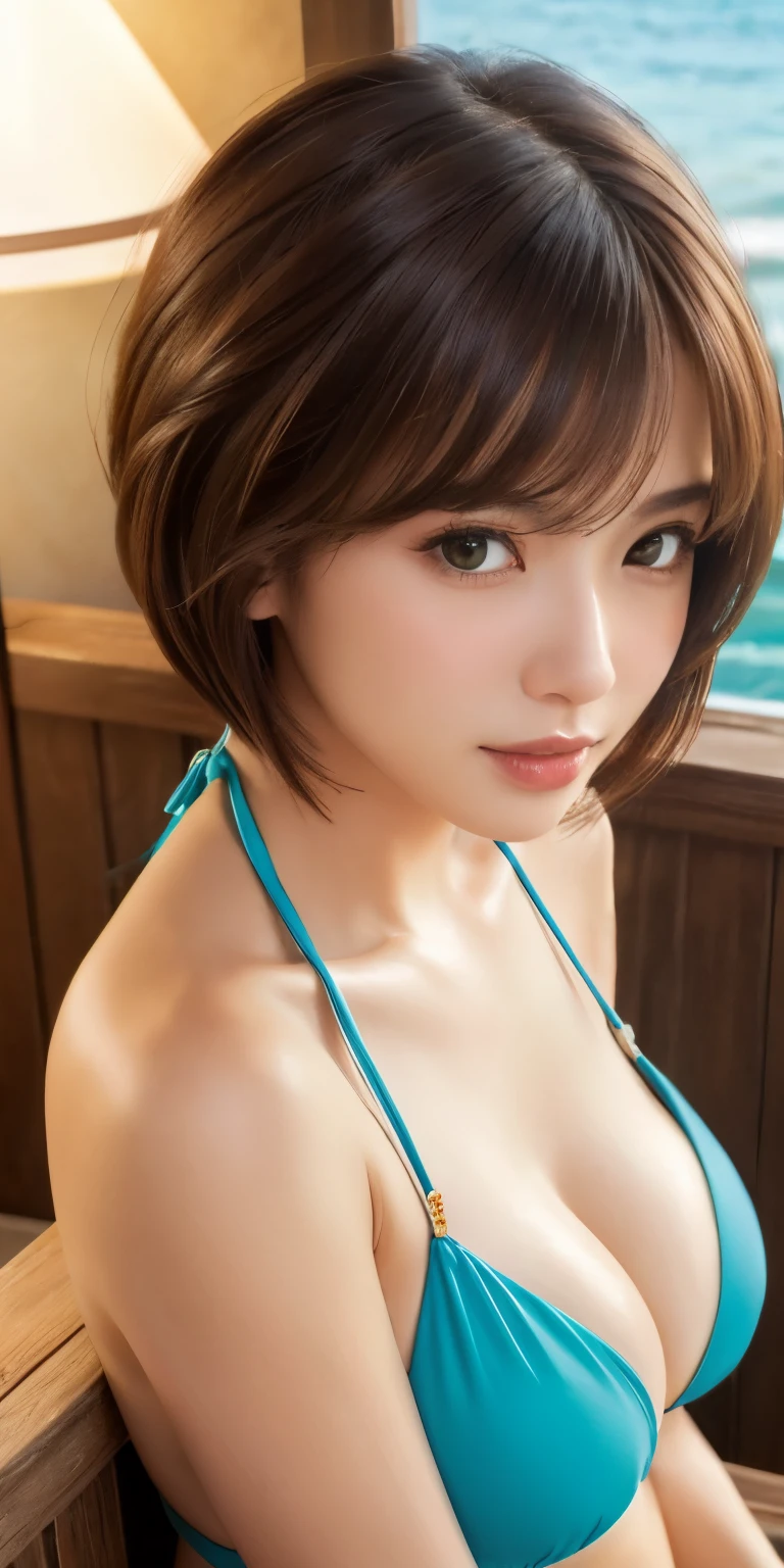 masterpiece、highest quality、High resolution、Tabletop、wallpaper、Realistic、Bright lighting、Professional Lighting、Face Light、Smooth lighting、Japanese women、Adult、Beautiful woman、action、gravure、sexy、so beautiful、Beautiful Skin、Beautiful and detailed、Detailed face、slim、moderately、short hair、Brunette colored hair、Brown eyes、Looking at the camera、big breasts、Cleavage、Swimwear、Tropical Beach