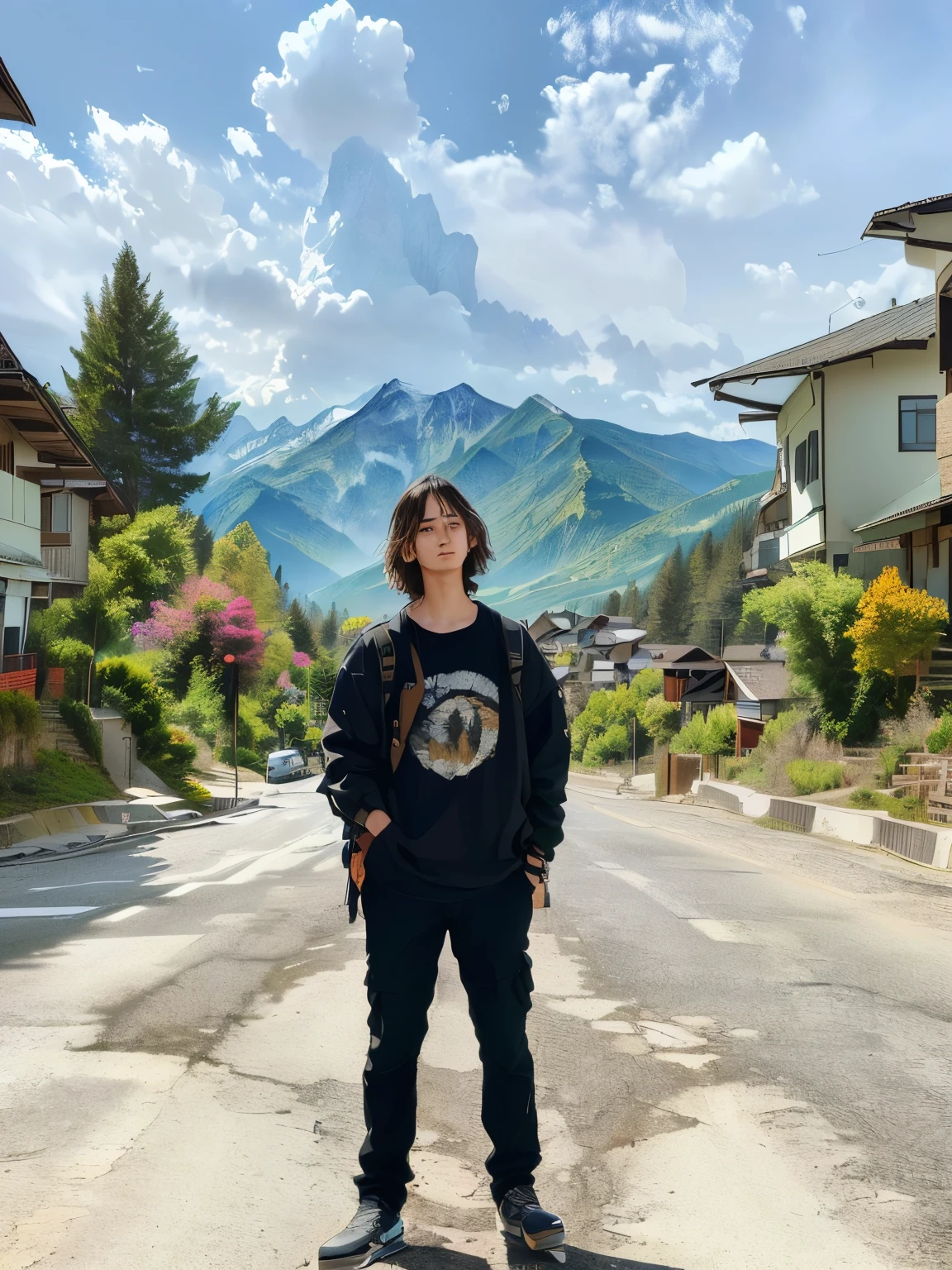 there is a man standing on a skateboard in the middle of a road, with mountains in the background, moutain in background, with mountains in background, standing in front of a mountain, hills in the background, mountain in the background, mountains in the background, in mountains, with mountains as background, in front of a forest background, with village, mountain in background