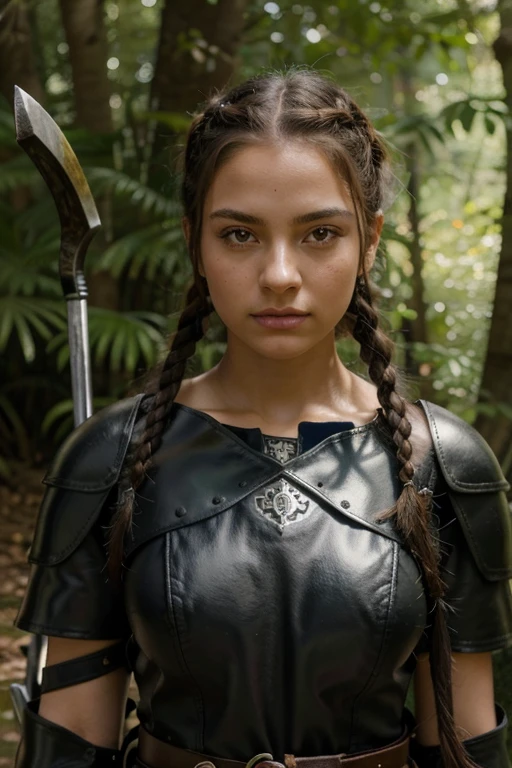 Floresta mistica e perigosa, dois personagens, um garoto de 16 anos, soldado usando uma Brunea de armadura, espada longa, cabelos chanel cor de mel, honey colored eyes and fair skin and a girl with  black hair in braids, pele clara, olhos verdes, wearing leather armor with a bow on his back and a throwing ax in his right hand.