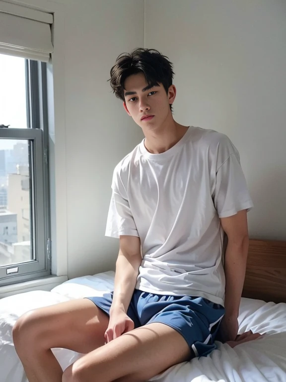 1 boy,************,(touch hair:1.5),bed head,(sleepy),t-shirt,boxer shorts,window,morning sun,sit on bed,masterpiece,best quality,ultra-detailed,High quality, high resolution,perfect anatomy,detailed,beautiful detailed eyes,full arms,full hand,5 fingers , masculine boy , massive