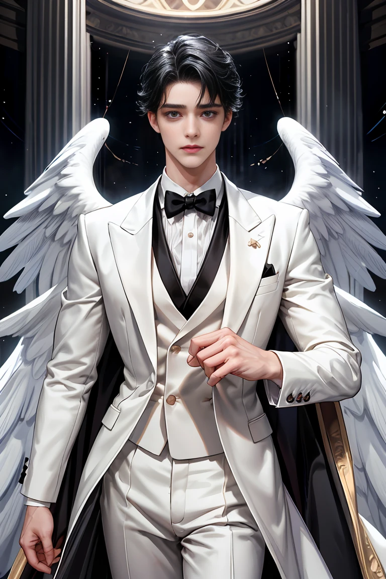 masterpiece, 最high quality, high quality, 1 boy, alone, Male focus, Watching the audience, Messy black hair, Adorable big blue eyes, White, Noble, Noble, Beautiful angel、Tuxedo、A very large, tall, stand-up collar, very large, very long, longer than one's height, long, voluminous, dragging on the floor, a long, long red and black cape made of a lot of fabric, 17 years old,Cute beautiful boys,Cute, cute, crying handsome man