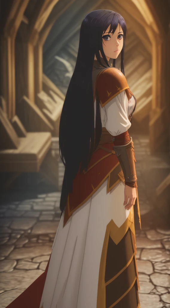 high quality, highly detailed,A young woman with long, curly black hair, with a determined gaze and a confident stance, wears armor inspired by the universe of Skyrim. Each piece of the armor, meticulously crafted, reflects the light as if forged by skilled artisans of Tamriel. Her eyes gleam with the promise of adventure as she wields a sword, ready to face the challenges that await beyond the horizons of Skyrim. Around her, a breathtaking landscape of mountains and forests, where dragons soar and ancient secrets await to be discovered. What is the journey of this young warrior? What epic destinies is she destined to achieve in this vast and magical world?