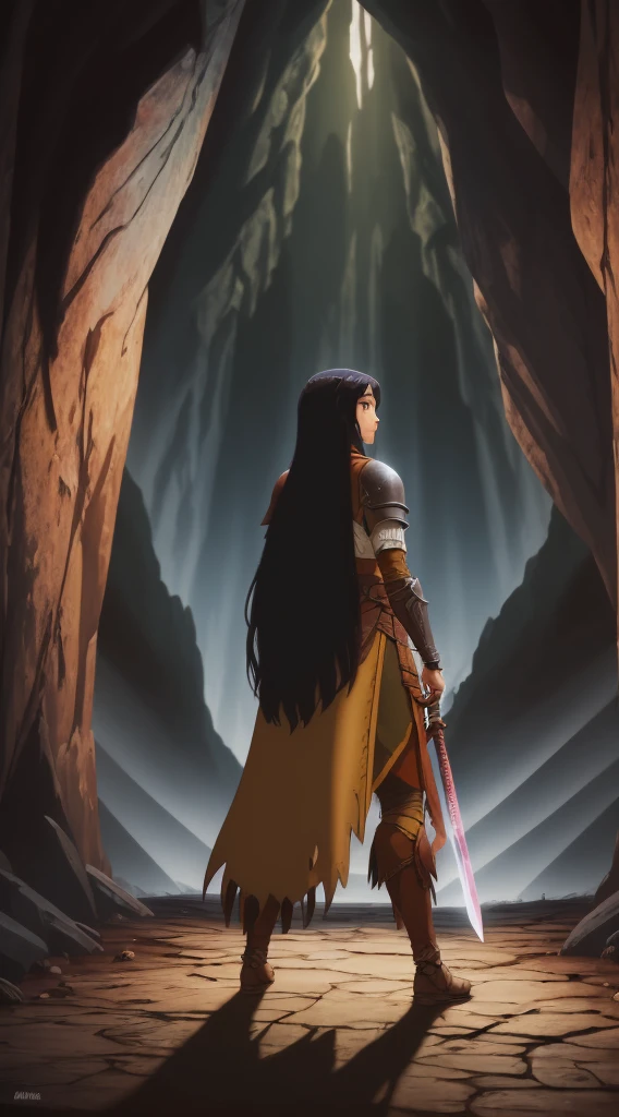 high quality, highly detailed,A young woman with long, curly black hair, with a determined gaze and a confident stance, wears armor inspired by the universe of Skyrim. Each piece of the armor, meticulously crafted, reflects the light as if forged by skilled artisans of Tamriel. Her eyes gleam with the promise of adventure as she wields a sword, ready to face the challenges that await beyond the horizons of Skyrim. Around her, a breathtaking landscape of mountains and forests, where dragons soar and ancient secrets await to be discovered. What is the journey of this young warrior? What epic destinies is she destined to achieve in this vast and magical world?