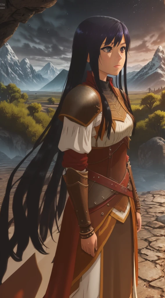 high quality, highly detailed,A young woman with long, curly black hair, with a determined gaze and a confident stance, wears armor inspired by the universe of Skyrim. Each piece of the armor, meticulously crafted, reflects the light as if forged by skilled artisans of Tamriel. Her eyes gleam with the promise of adventure as she wields a sword, ready to face the challenges that await beyond the horizons of Skyrim. Around her, a breathtaking landscape of mountains and forests, where dragons soar and ancient secrets await to be discovered. What is the journey of this young warrior? What epic destinies is she destined to achieve in this vast and magical world?