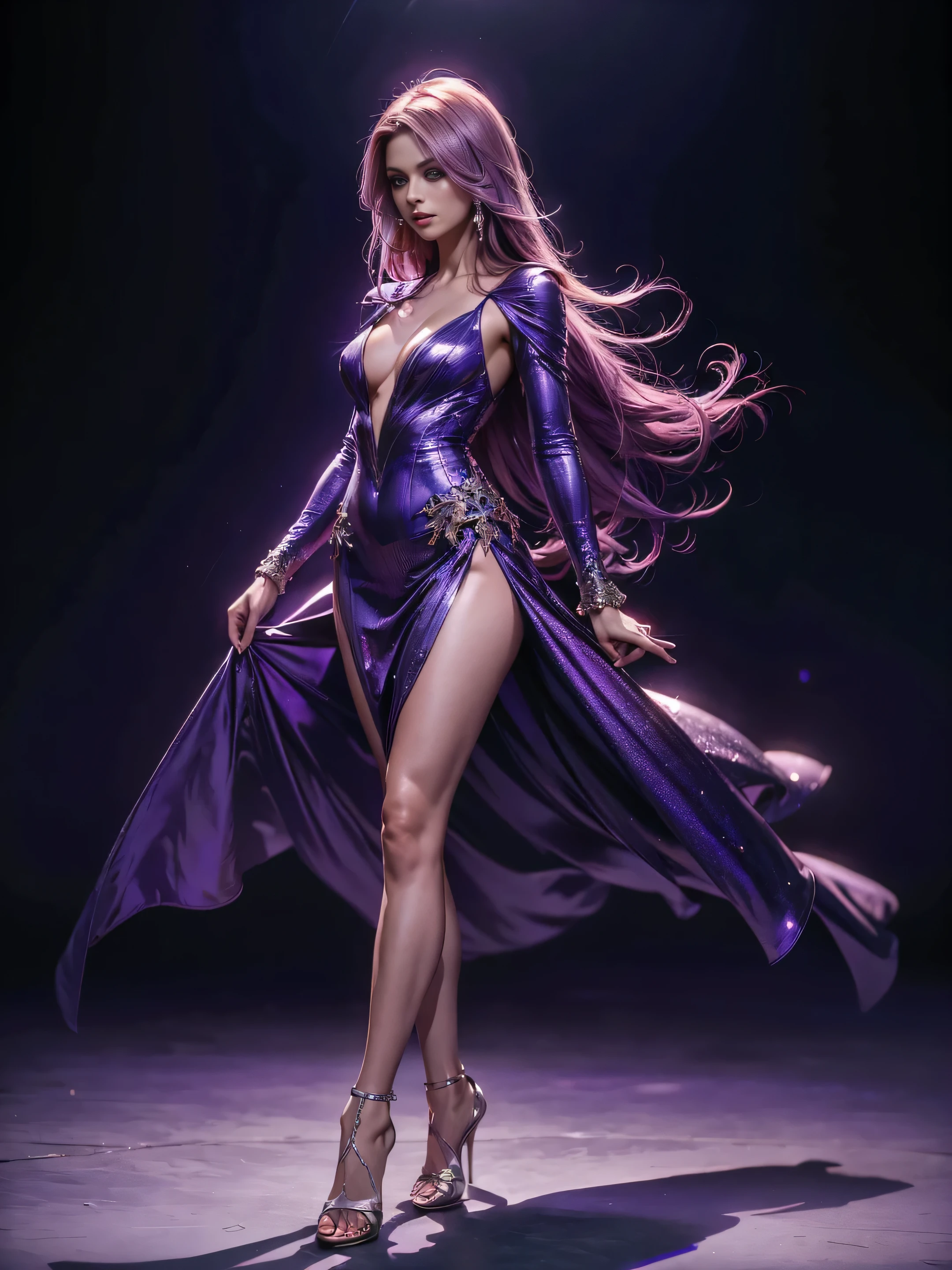 a beautiful lady in purple, full - body shot, straightens her hair with her hands, photographed from the side, award winning studio photography, professional color grading, soft shadows, no contrast, clean sharp focus, photorealistic, hyper detailed, 8k,