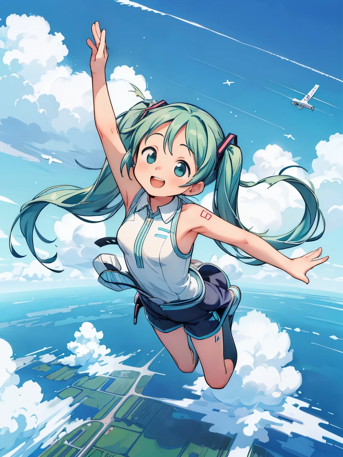 (masterpiece、highest quality、highest quality、Official Art、Beautiful and beautiful:1.2)、(One girl:1.3)Hatsune Miku、Twin tails,Big Breasts,masterpiece, highest quality, High resolution, sky diving, cute woman flight in the cloud, cloud, flight, fun, smile, shout, Big Jump, fall, Wide Shot, Dynamic Angle,
