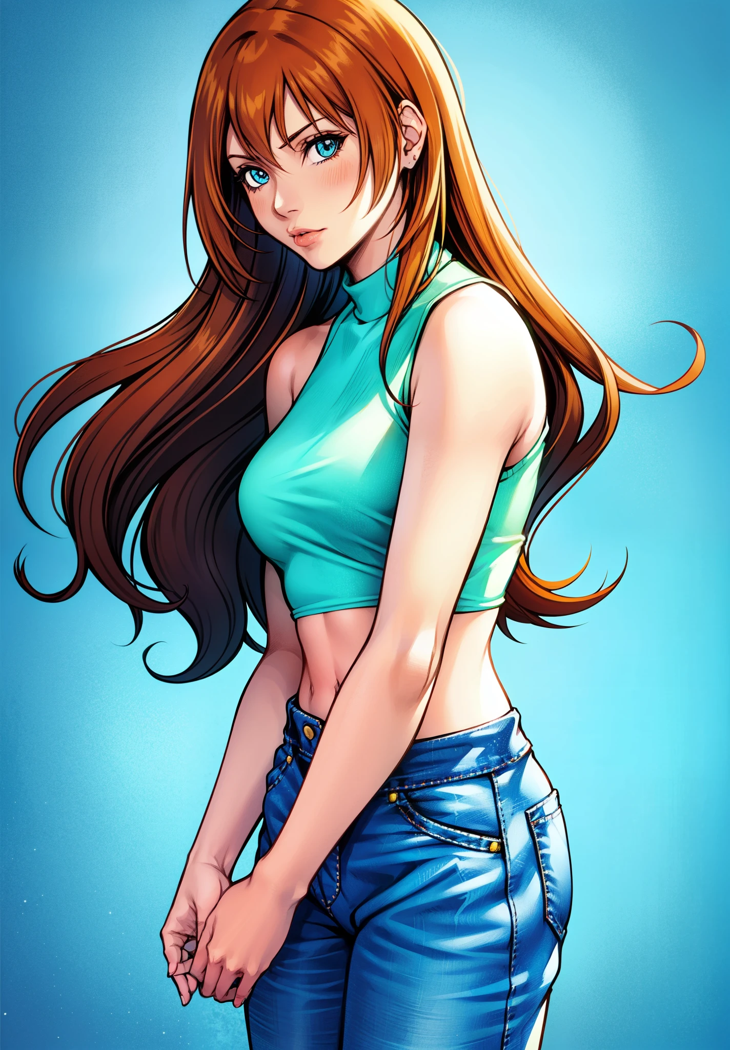 (Casual Outfit), (croptop, bluetshirt, yellow sleeves, jeans, sandals) Tetsuya nomura, 1girl, bloom, blue eyes, orange hair, simple background, solo, upper body
