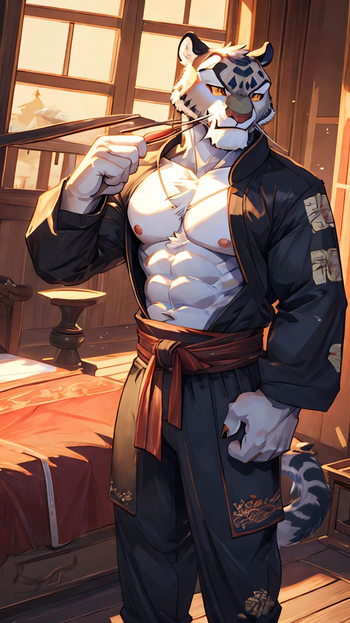 (Safe for people) Tai Lung from Kung Fu Panda
6 ft tall, snow leopard, furry, full furry body, shirtless, blue violet ancient china pants, abs.
Sleeping on a wooden Chinese style bed
40 years old handsome face