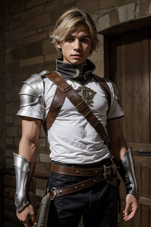um garoto de 16 anos, soldado usando uma Brunea de armadura, espada longa, cabelos chanel cor de mel, olhos cor de mel e pele clara