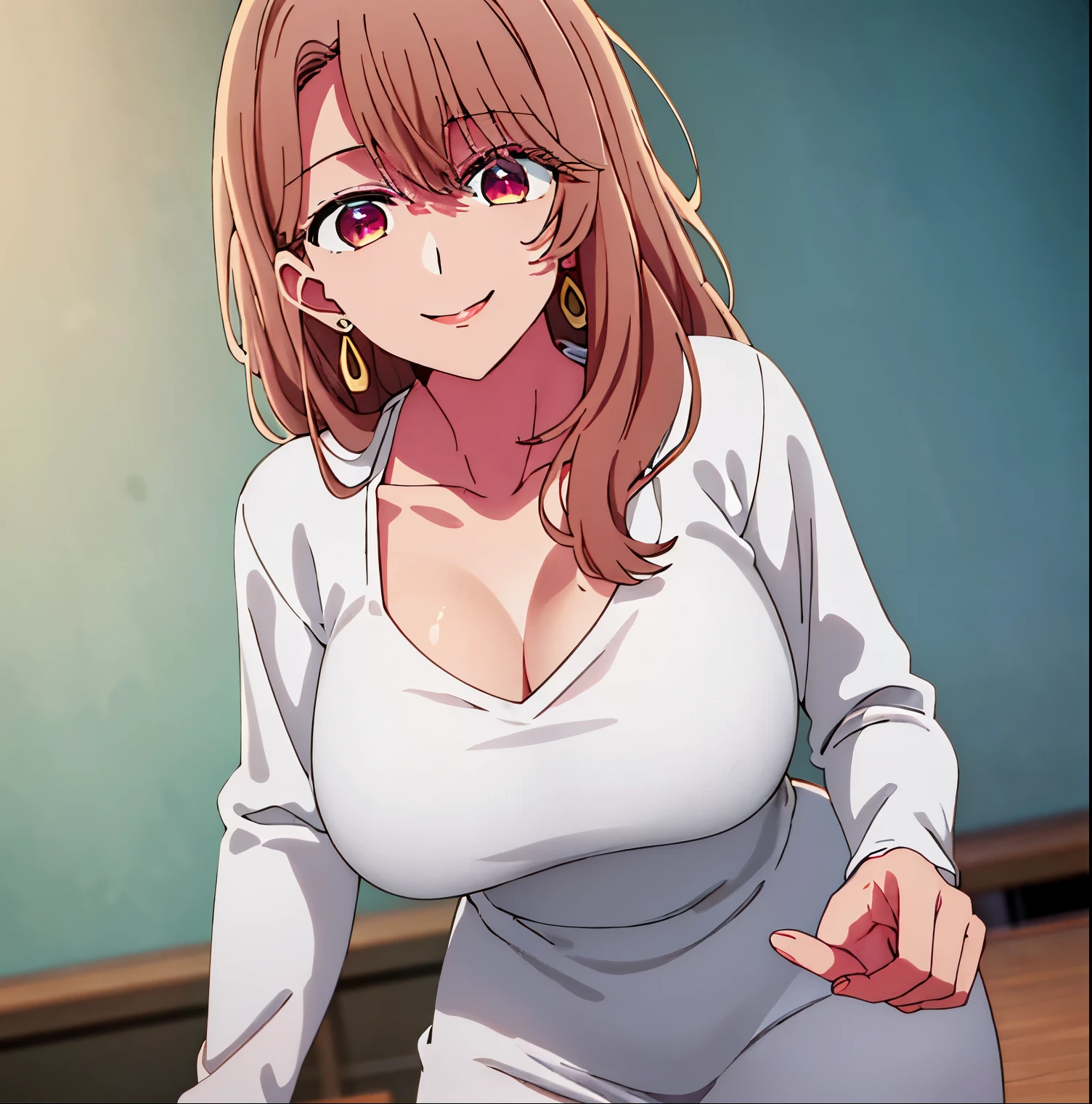 1 girl, alone, Miyako saitou, long, earrings, jewelry, (white_jacket), (red_dress), (deep_neckline), long_sleeves, jewelry, collarbone, earrings, open_clothes, , pink eyes, light brown hair, eyebrows visible through hair , 1 girl bangs, 20 years old, young woman, beautiful finger, beautiful long legs, beautiful body, beautiful nose, beautiful design characters, perfect eyes, perfect face, expressive eyes, perfect balance, looking at the viewer, point of view ( from above), (innocent_big_eyes:1.0), Light_Smile, official art Extremely detailed CG Unity 8k wallpaper, perfect lighting, colorful, bright_front_lighting, glowing skin, smile, (masterpiece: 1.0), (best_quality: 1.0), ultra-high resolution , 4K, ultra-detailed, 8K, HDR, high resolution, absurdities: 1.2, Kodak portra 400, film grain, background blur, bokeh:1.2, lens flare, (vibrant_color:1.2), professional photography, (Beautiful_big_breasts:1.4), (beautiful_face:1.5), (narrow_waist), perfect hands, perfect anatomy