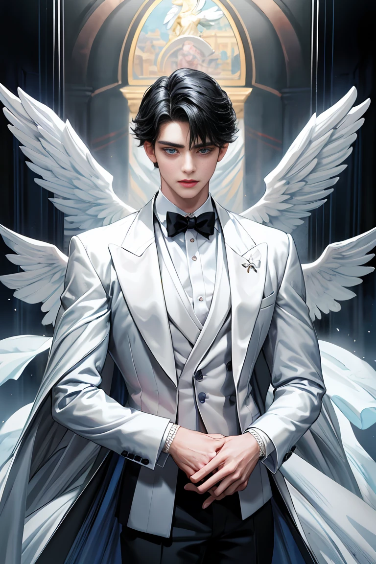 
masterpiece, 最high quality, high quality, 1 boy, alone, Male focus, Watching the audience,  Messy black hair, Adorable big blue eyes, White, Noble, Noble, Beautiful angel、Tuxedo、A very large, tall, stand-up collar, very large, very long, longer than one&#39;s height, long, voluminous, dragging on the floor, a long, long red and black cape made of a lot of fabric, 17 years old,Cute beautiful boys,cute cute handsome boy